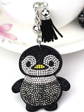 Bling Penguin Crystal Rhinestone Keychain Bag Charm With Black Tassel